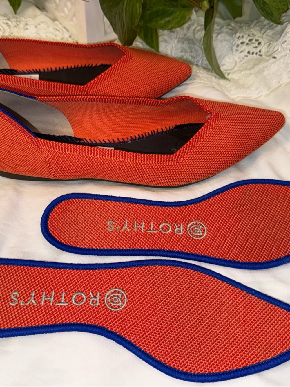 Rothy's Women's Pointed Knit Flats in Bright Orange with Blue Trim - Picture 4 of 8